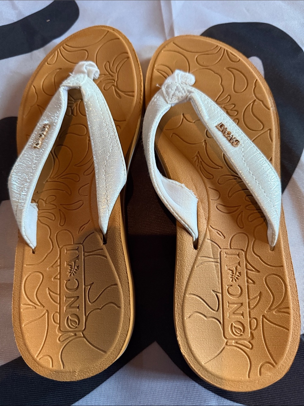 Indigo White Strap Tan Footbed Sandals